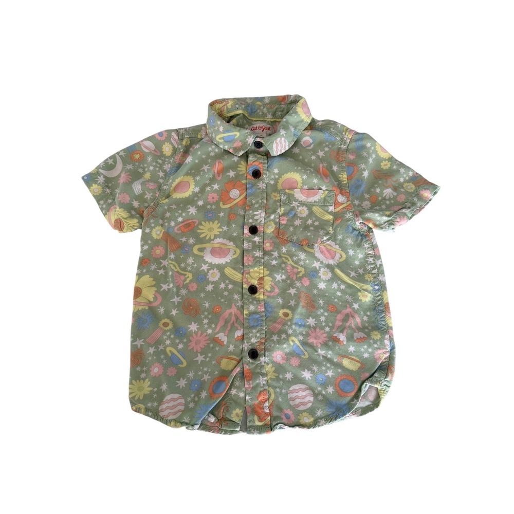 Cat & Jack Boys Sage Green Celestial Planet Floral Button Down Shirt 5T Rayon